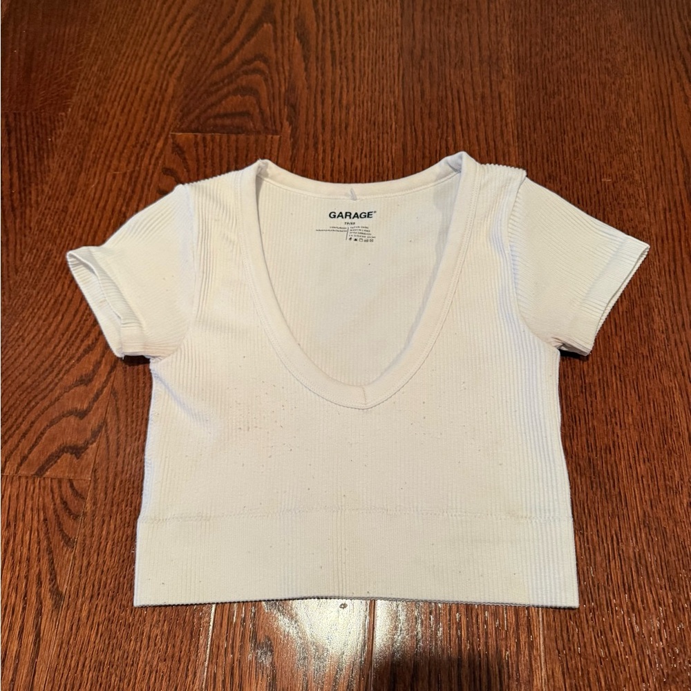 Garage Cream Ribbed V-Neck Crop Top